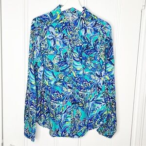 Lilly Pulitzer Sea View Rayon Voile Button Down Utility Shirt Size Small
